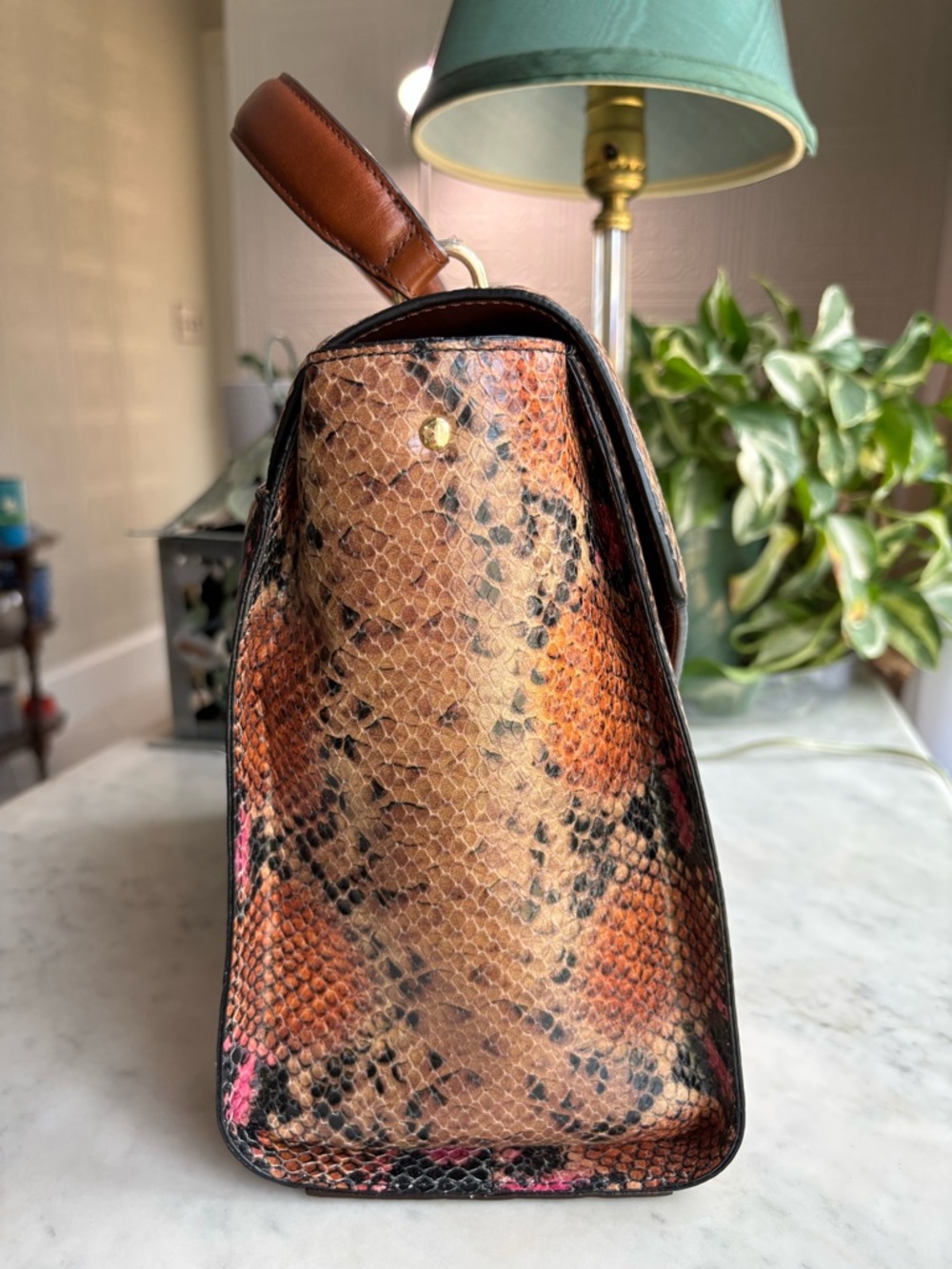 Brahmin Brown & Pink Python-Embossed Satchel with Gold Hardware - Picture 3 of 9